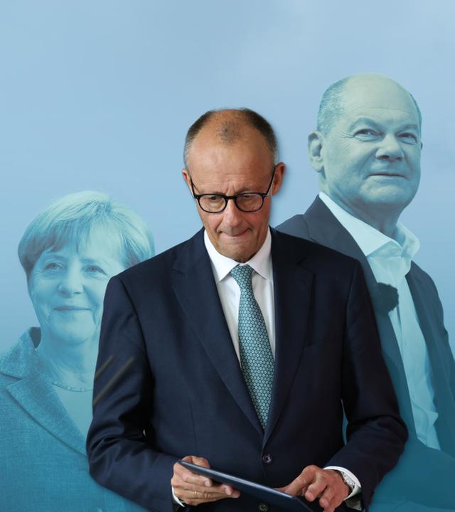Friedrich Merz, CDU-Bundeskanzler, dahinter Angela Merkel (CDU) und Plaf Scholz (SPD)