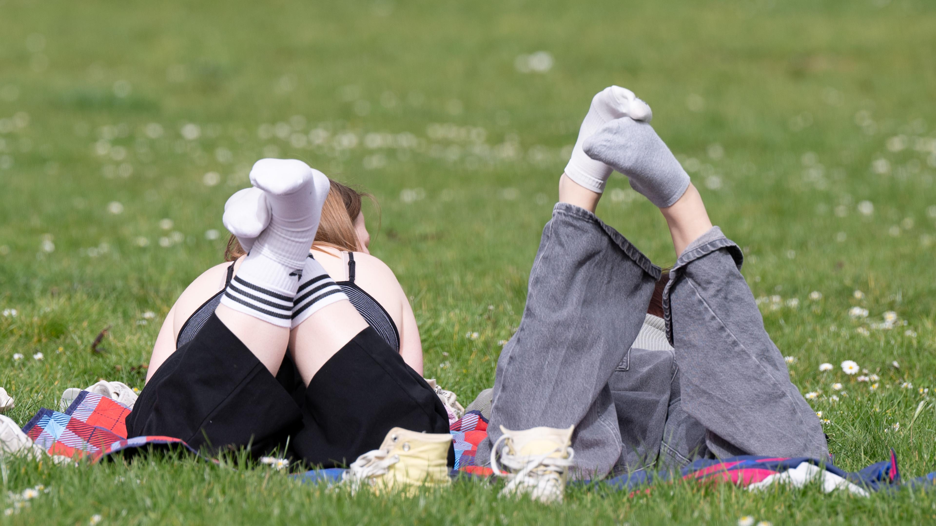 Sachsen, Dresden: Zwei Personen liegen auf einer Wiese in der Sonne. 