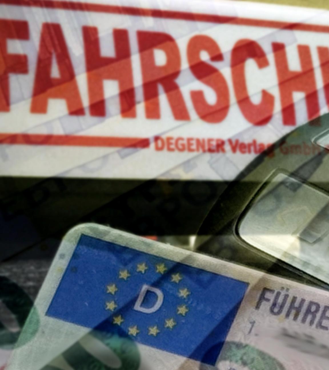 Fotomontage: Schild Fahrschule, Führerschein und Euroscheine