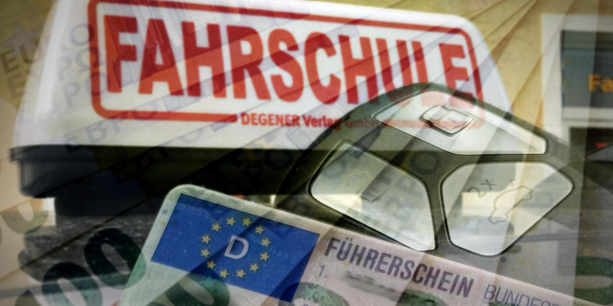 Fotomontage: Schild Fahrschule, Führerschein und Euroscheine