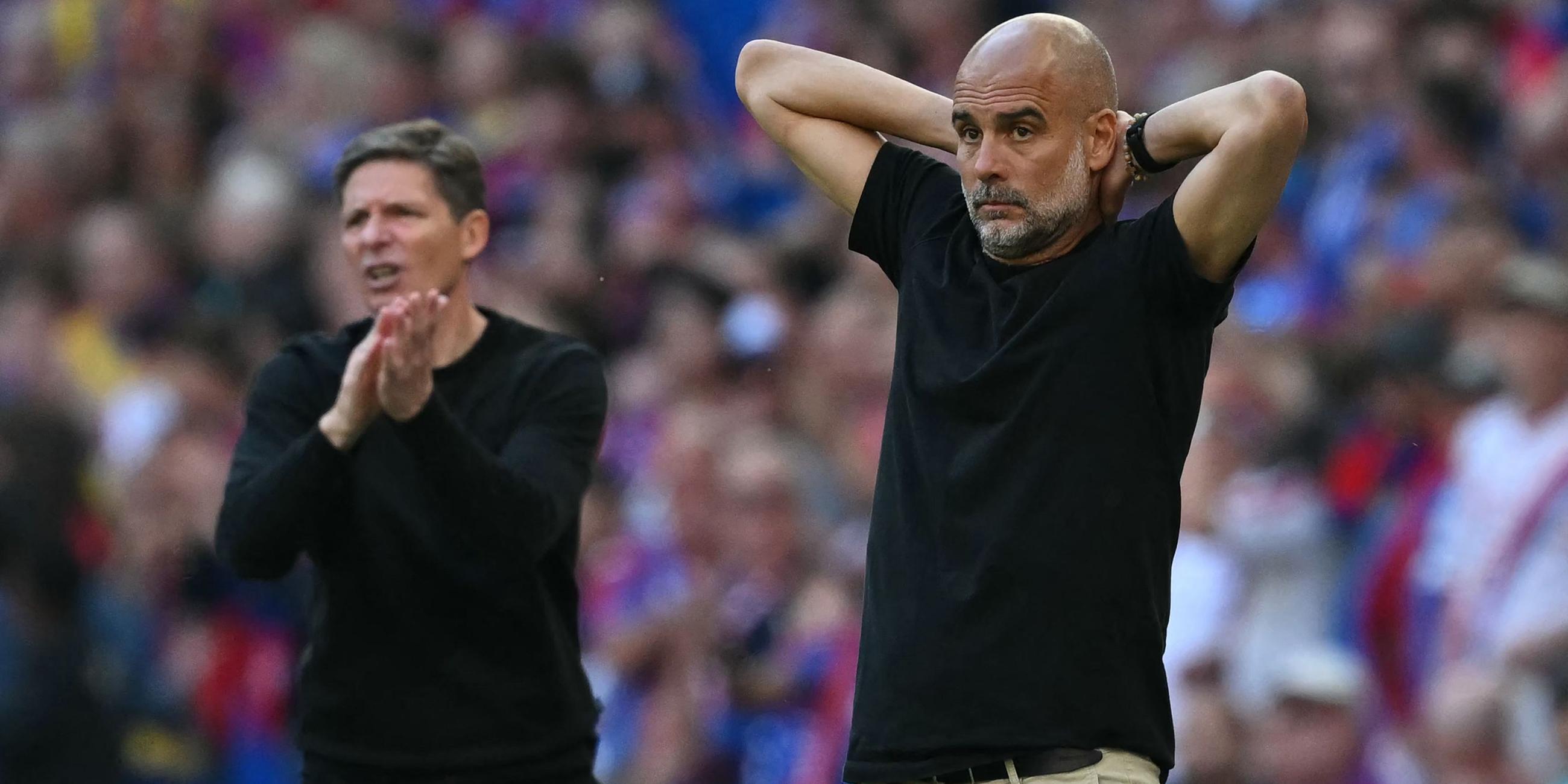 Die Trainer Pep Guardiola (rechts) von Manchester City und Oliver Glasner von Crystal Palace gestikulieren während des FA-Cup-Finales.