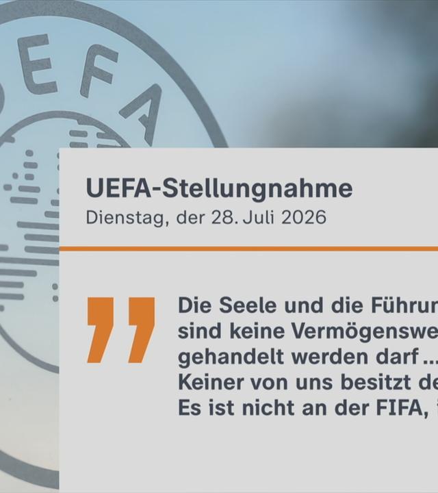 Logo und Stellungsnahme der UEFA zu den FIFA-Plänen zur Öffnung der Fußball-WM für Investoren.