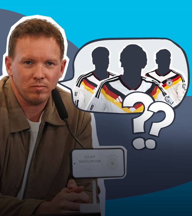 Julian Nagelsmann mit Schatten von Spielern und Fragezeichen