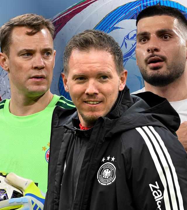Bild von Fußball Bundestrainer Julian Nagelsmann mit zwei Spielern neben sich in einer Bild-Collage.