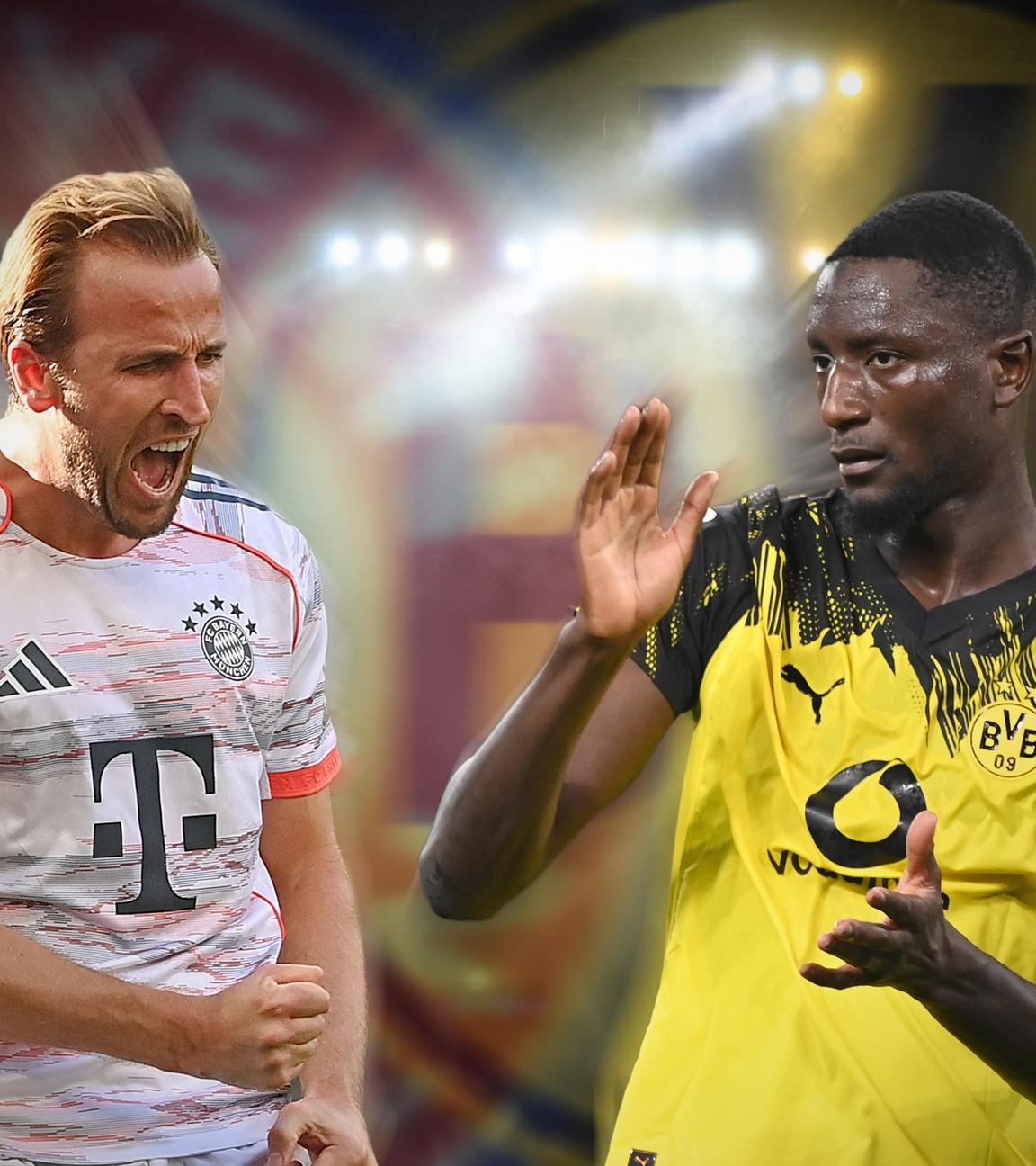 Bildmontage von Fußballer Harry Kane (Bayern München) und Serhou Guirassy (Borussia Dortmund).