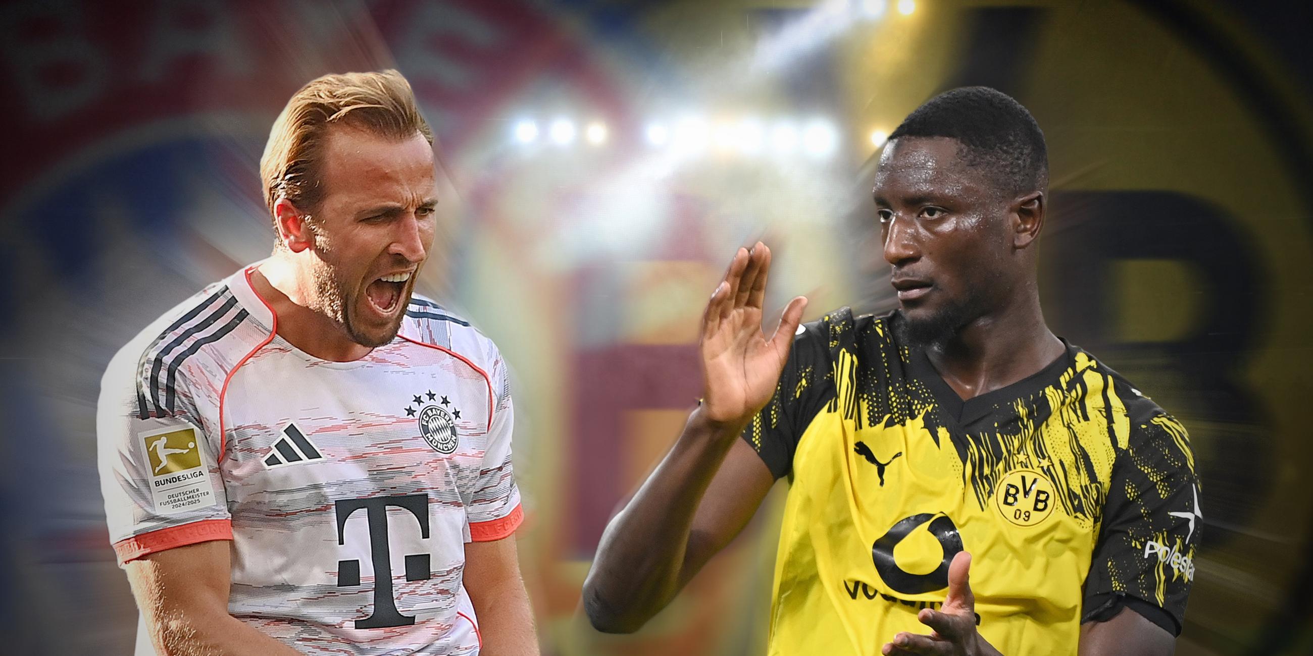 Bildmontage von Fußballer Harry Kane (Bayern München) und Serhou Guirassy (Borussia Dortmund).