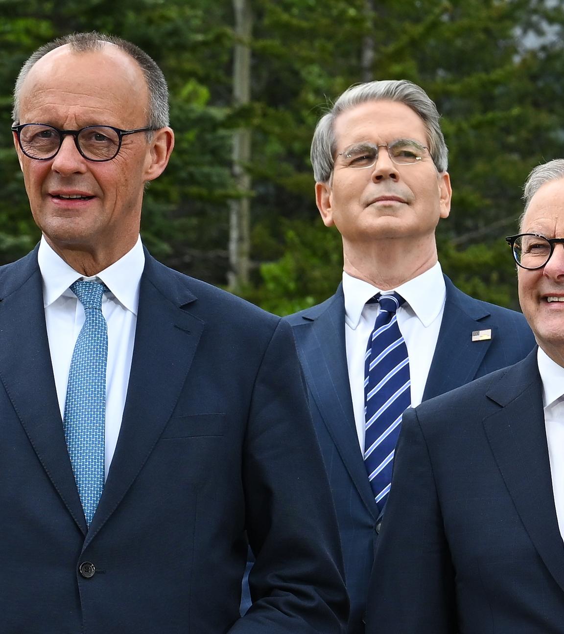 Friedrich Merz, Australian Prime Minister Anthony Albanese and United States Secretary of the Treasury Scott Bessent and President of the World Bank Ajay Banga at the G7