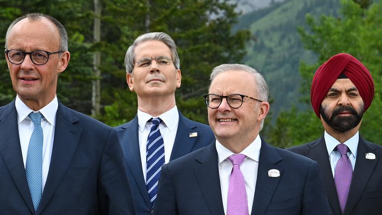 Friedrich Merz, Australian Prime Minister Anthony Albanese and United States Secretary of the Treasury Scott Bessent and President of the World Bank Ajay Banga at the G7