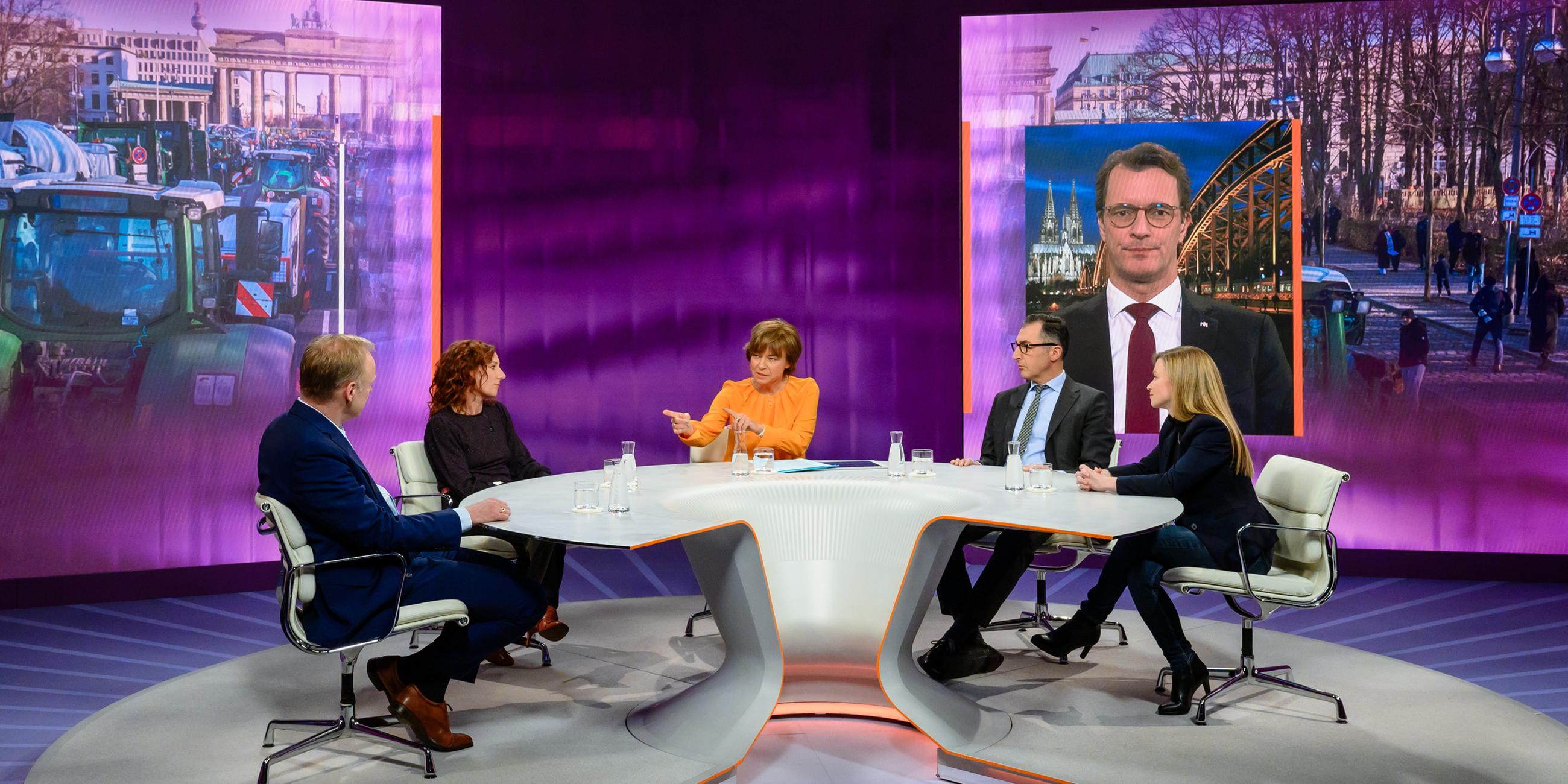 Von links: Clemens Fuest, Juli Zeh, Maybrit Illner, Cem Ãzdemir, Maria Fiedler SCHALTE: Hendrik Wüst