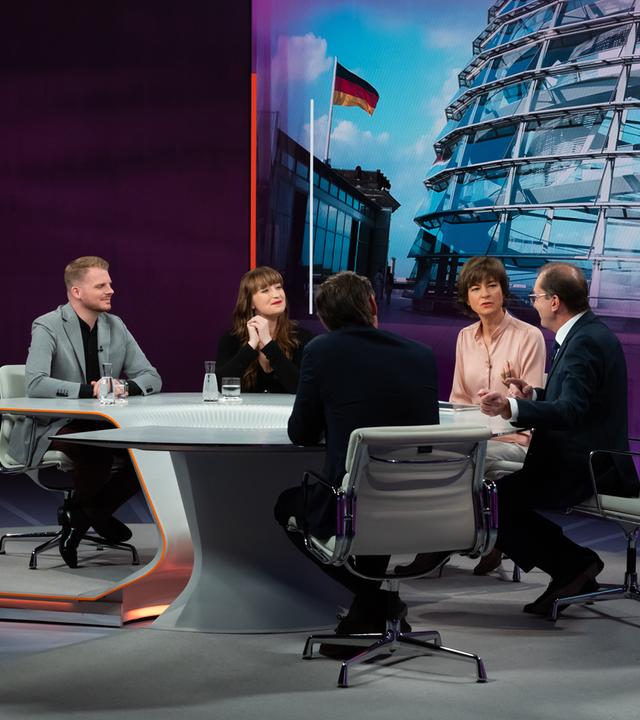 v.l.: Tim Klüssendorf, Heidi Reichinnek, Maybrit Illner, Alexander Dobrindt, Gregor Peter Schmitz