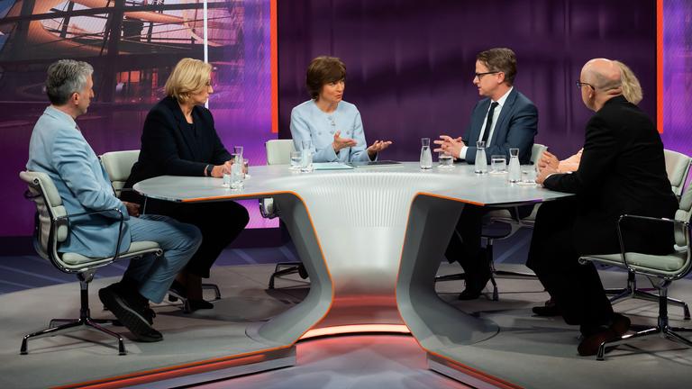 v.l.: Boris Palmer, Anke Rehlinger, Maybrit Illner, Carsten Linnemann, Kristina Dunz, Gabriel Felbermayr