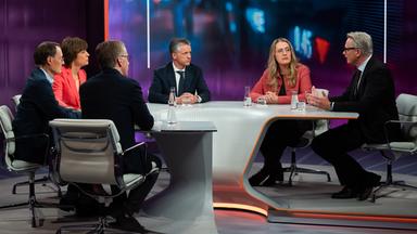 v.l.: Michael Hüther, Karl Lauterbach, Maybrit Illner, Thorsten Frei, Katharina Dröge, Gerald Traufetter