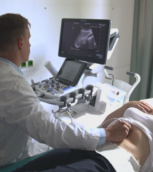Ein Arzt führt einen Ultraschall bei seiner Patientin durch
