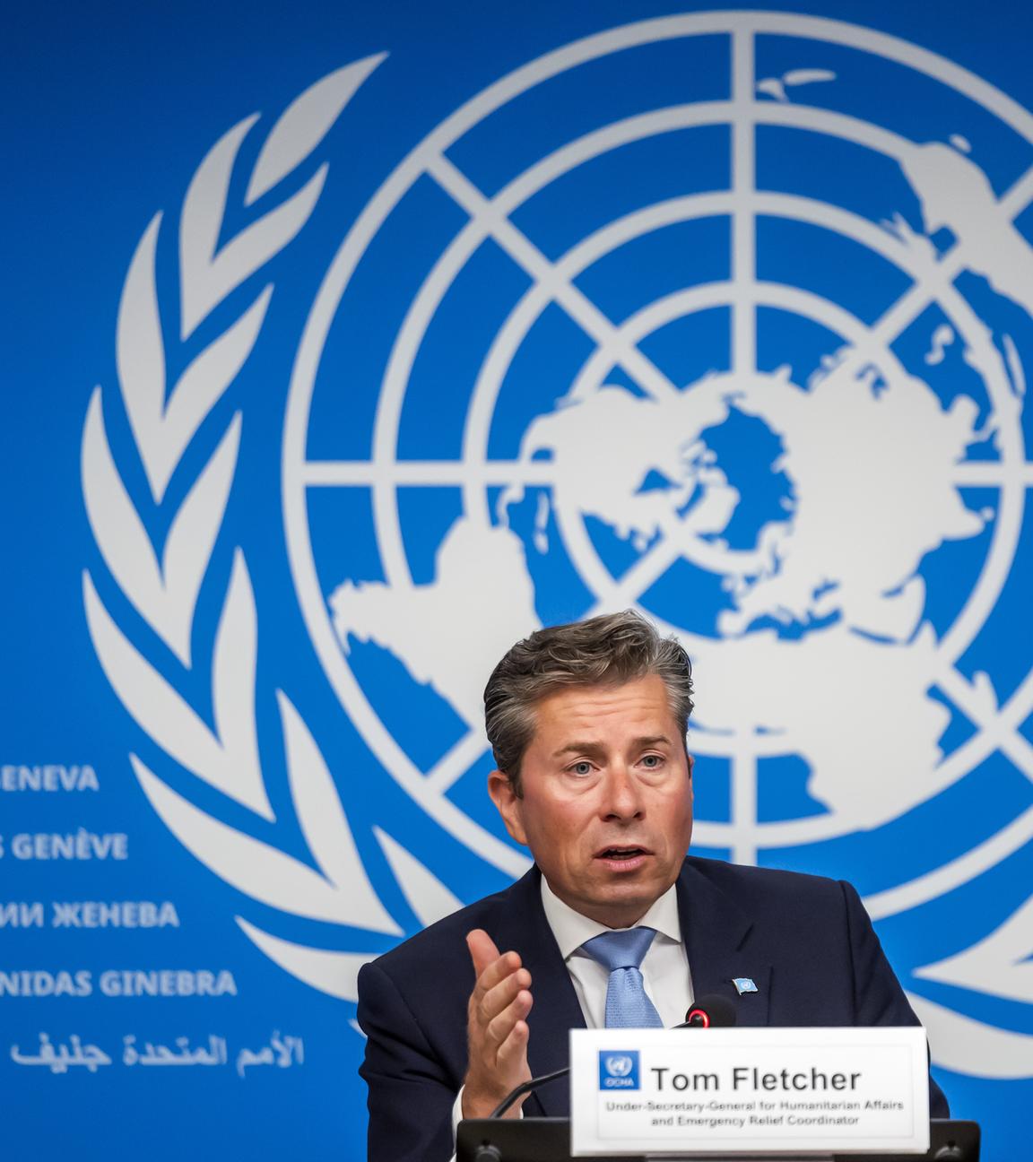 Tom Fletcher, UN-Untergeneralsekretär für humanitäre Angelegenheiten und Nothilfekoordinator, informiert die Medien während einer Pressekonferenz im europäischen Hauptquartier der Vereinten Nationen über die humanitäre Krise im Gazastreifen