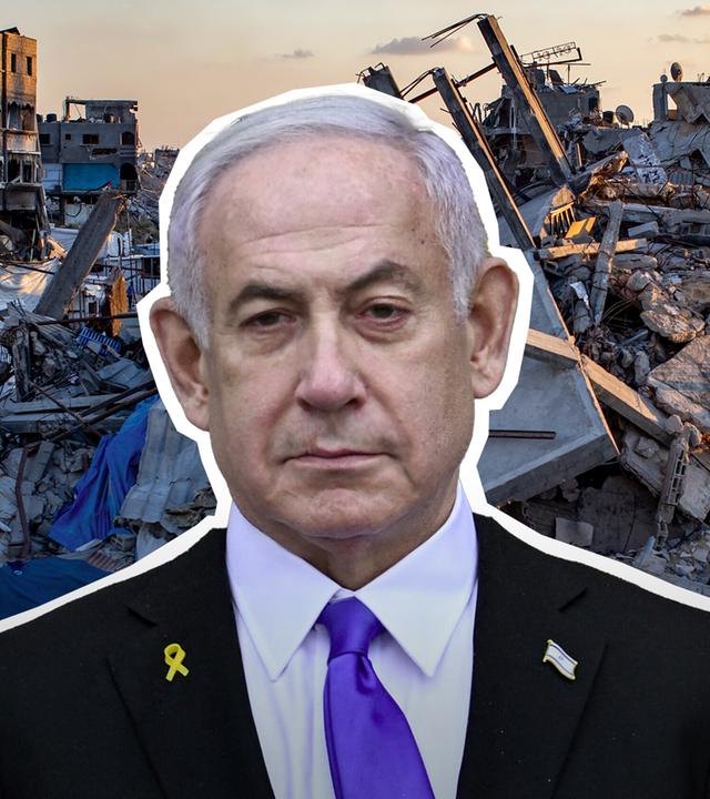 Israels Ministerpräsident Benjamin Netanjahu vor einem Bild der Zerstörung im Gaza-Streifen
