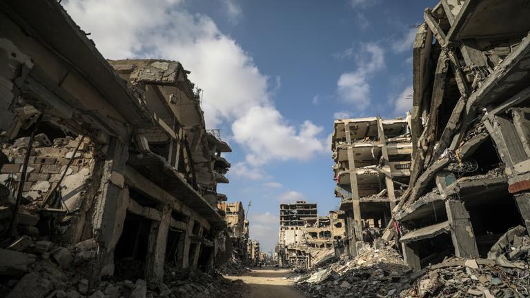 Destroyed buildings in Khan Younis after the Israeli military pulled out troops from the southern Gaza Strip, 30 April 2024. 