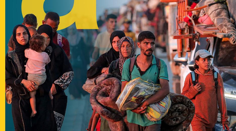 Fliehende Menschen mit Kindern in Gaza