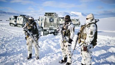 15.03.2026, Norwegen, Bardufoss: Gebirgsjäger stehen während der Militärübung "Cold Response 26» im Schnee.