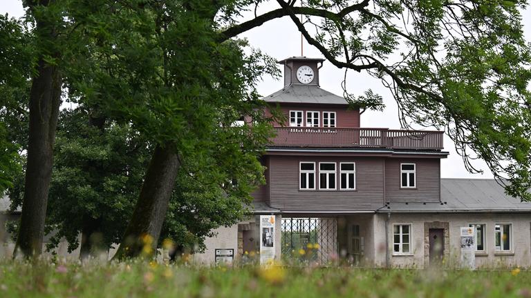 Blick durch die Zweige eines Baumes auf ein großes Torgebäude mit Uhr.