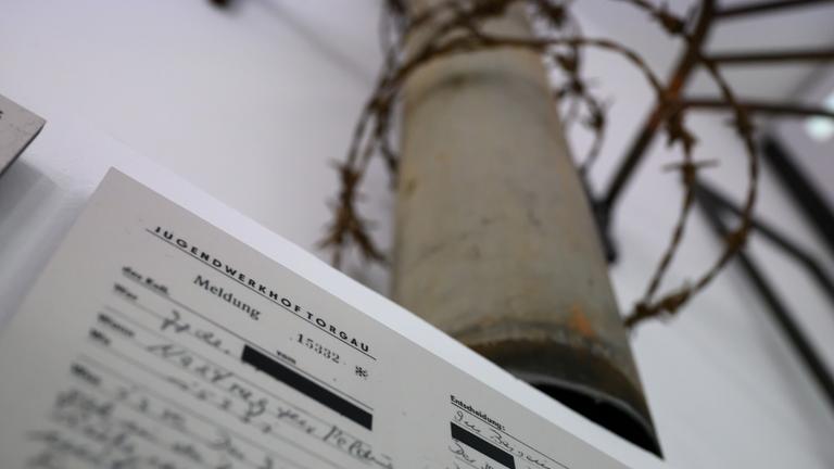 22.11.2024, Sachsen, Torgau: Die Kopie einer Meldung des früheren Geschlossenen Jugendwerkhof Torgau wird in der neuen Ausstellung der Gedenkstätte gezeigt