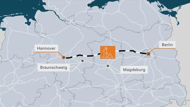 Man sieht eine Karte wo Hannover, Braunschweig Magdeburg und Berlin gekennzeichnet sind. Da wird die Bahnstecke saniert. 