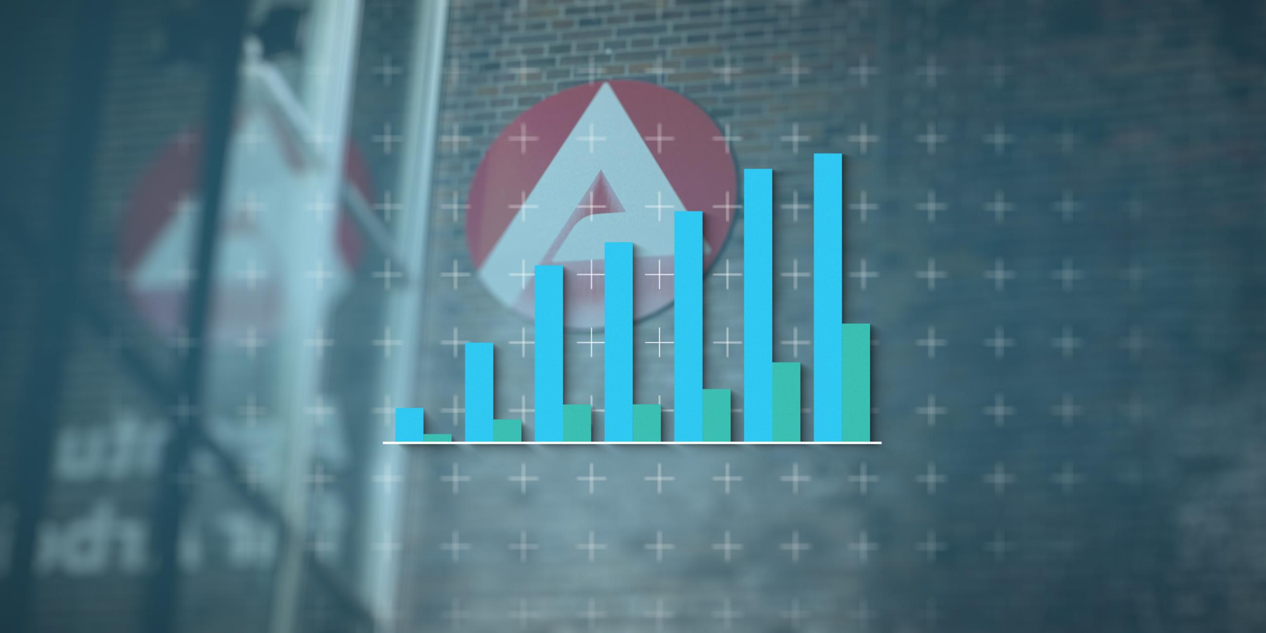 Das Logo der Bundesagentur für Arbeit, davor eine Grafik zum Verlauf der Beschäftigung von Geflüchteten