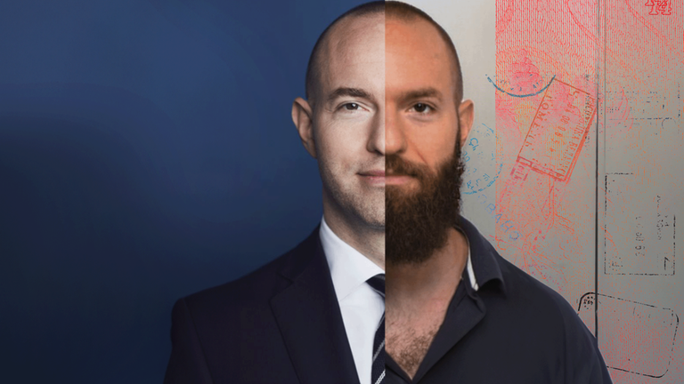 Bildmontage aus zwei Profilbildern (ohne und mit Bart) von Jan Marsalek