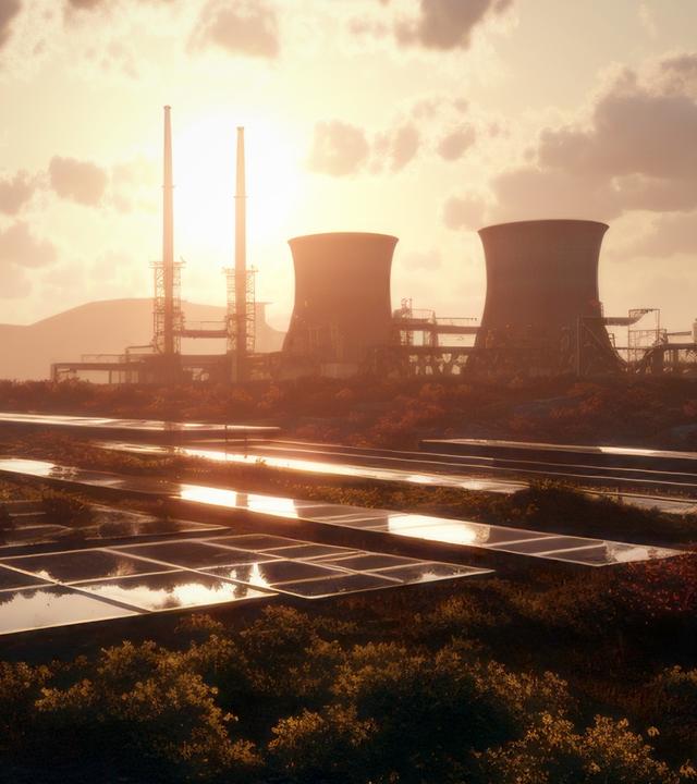 Panorama bei Sonnenuntergang; verschiedene Energiekrafwerke im Abendlicht.