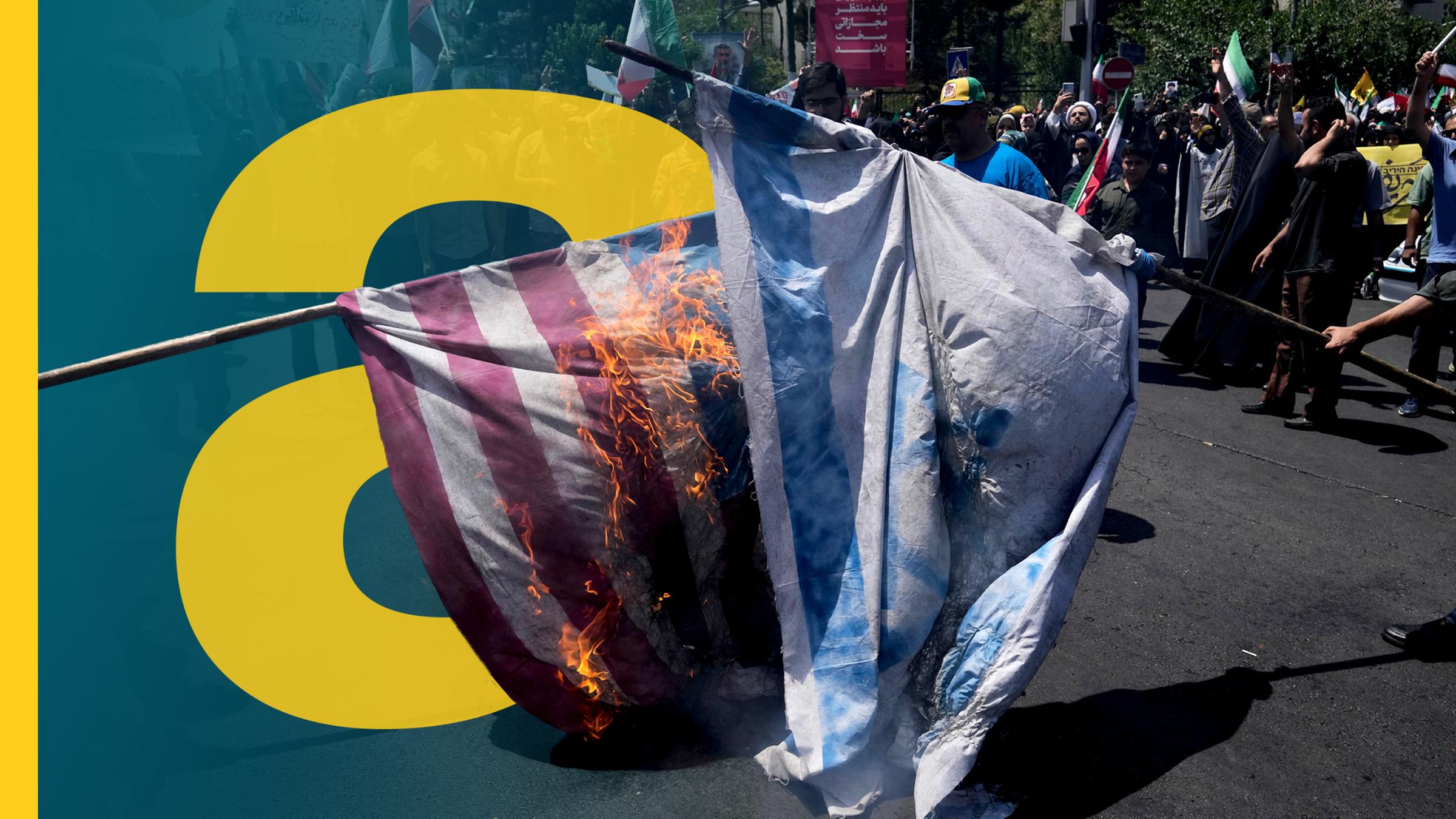 Die israelische und amerikanische Flaggen kommen brennend aufeinander