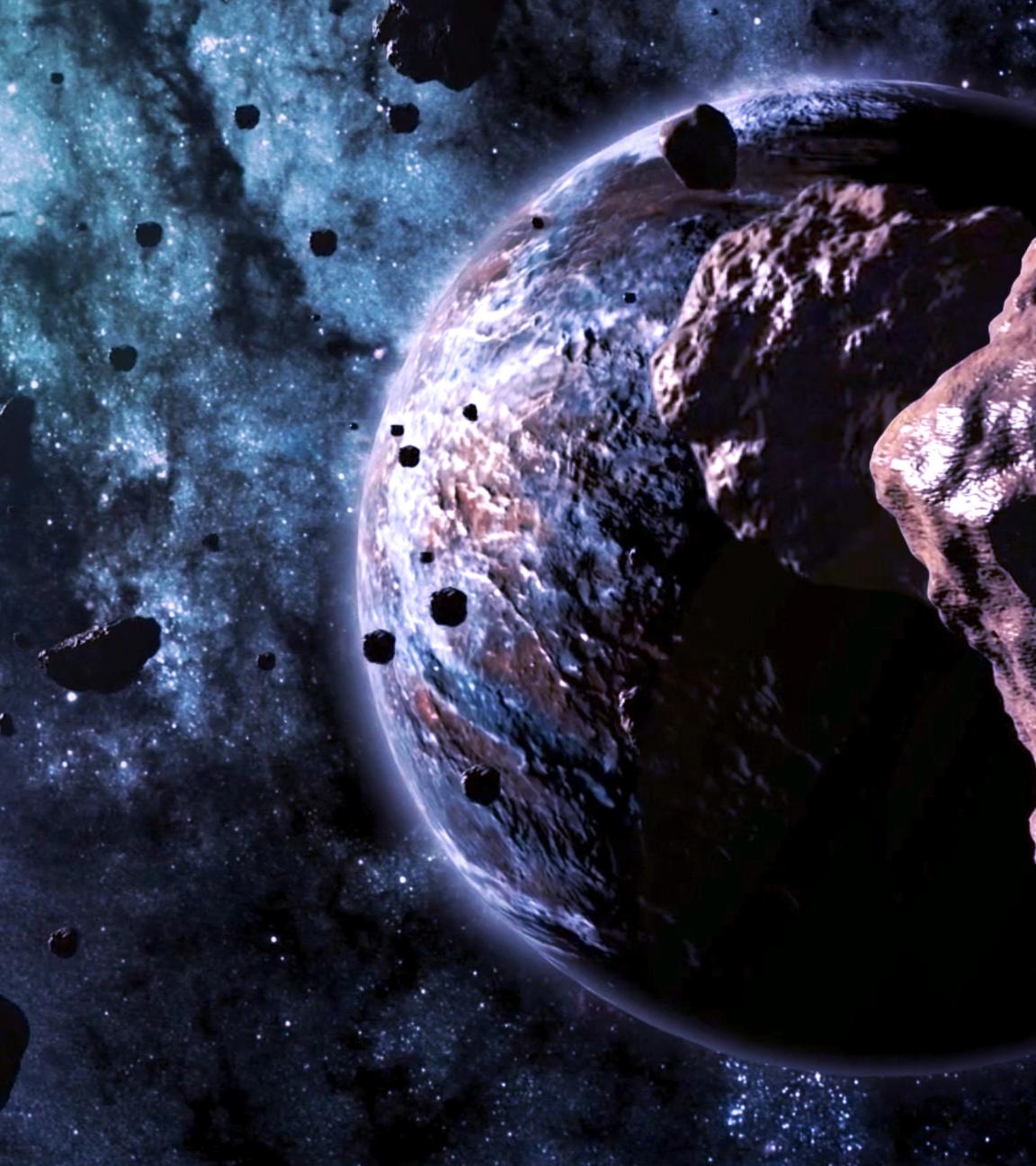 3D-Animation von Asteroiden und einem Planeten