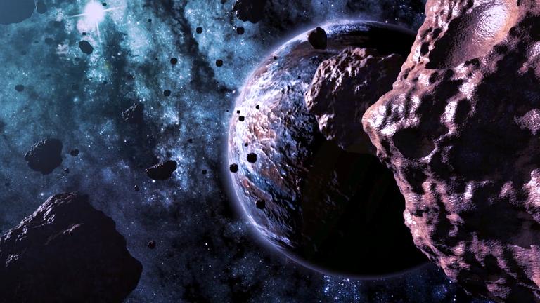 3D-Animation von Asteroiden und einem Planeten