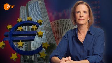 ZDF-Wirtschaftsexpertin Valerie Haller ist rechts im Bild, links ist das EZB-Gebäude in Frankfurt sowie Euroscheine zu sehen