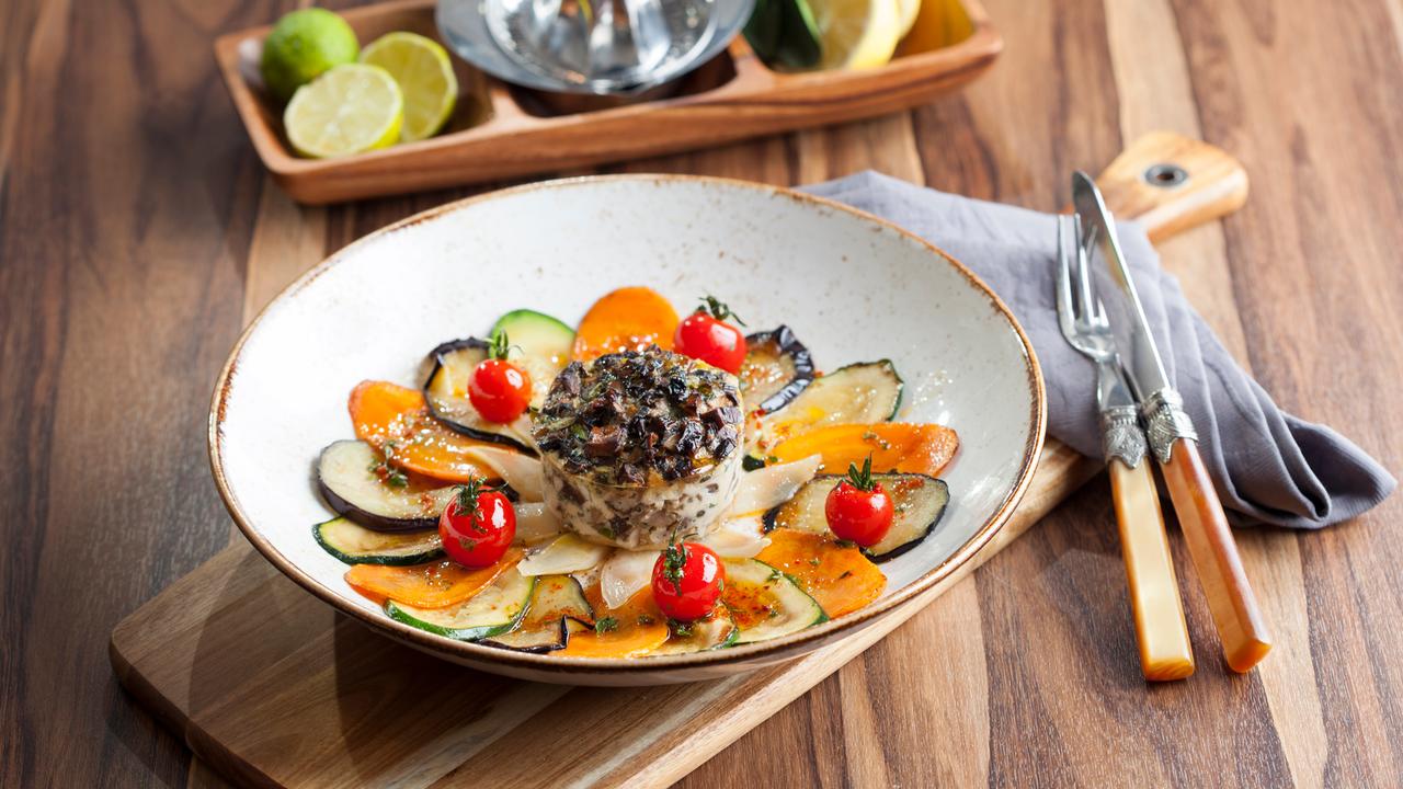 Mariniertes Gemüsecarpaccio mit Pilzflan