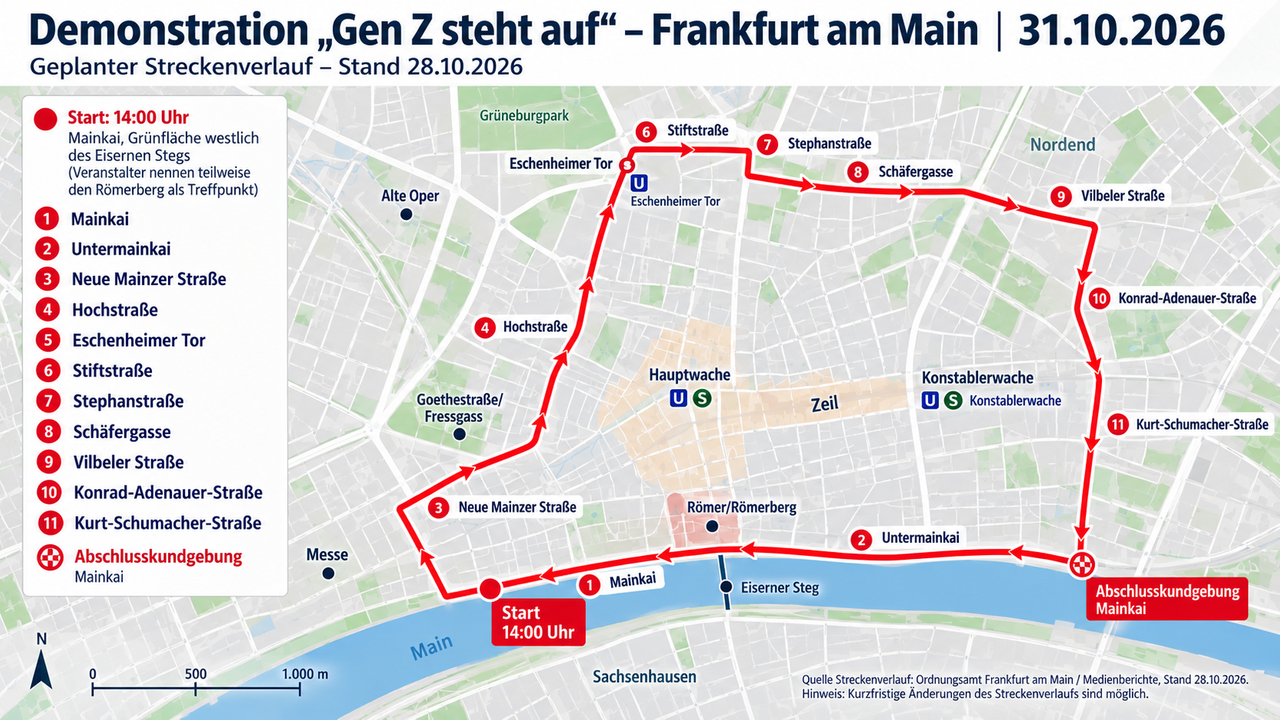 Demoroute der„Gen Z steht auf"-Demonstration in Frankfurt am Main am 31.10.2026