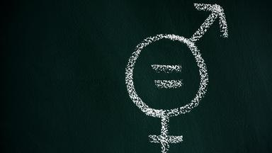 a symbol for gender equality drawn with chalk on a dark green chalkboard, with a blank space on the left