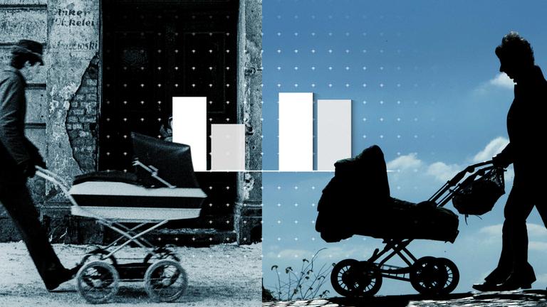 Zwei verschiedene Bildausschnitte, links ist eine alte Aufnahme eines Babyboomers mit Kinderwagen, rechts eine Sillhouette eines der Generation Z angehörigen Menschen.