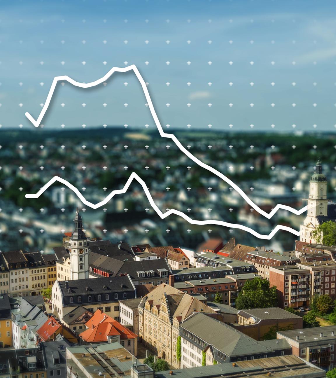 Stadtansicht von Gera mit einem Liniendiagramm im Vordergrund