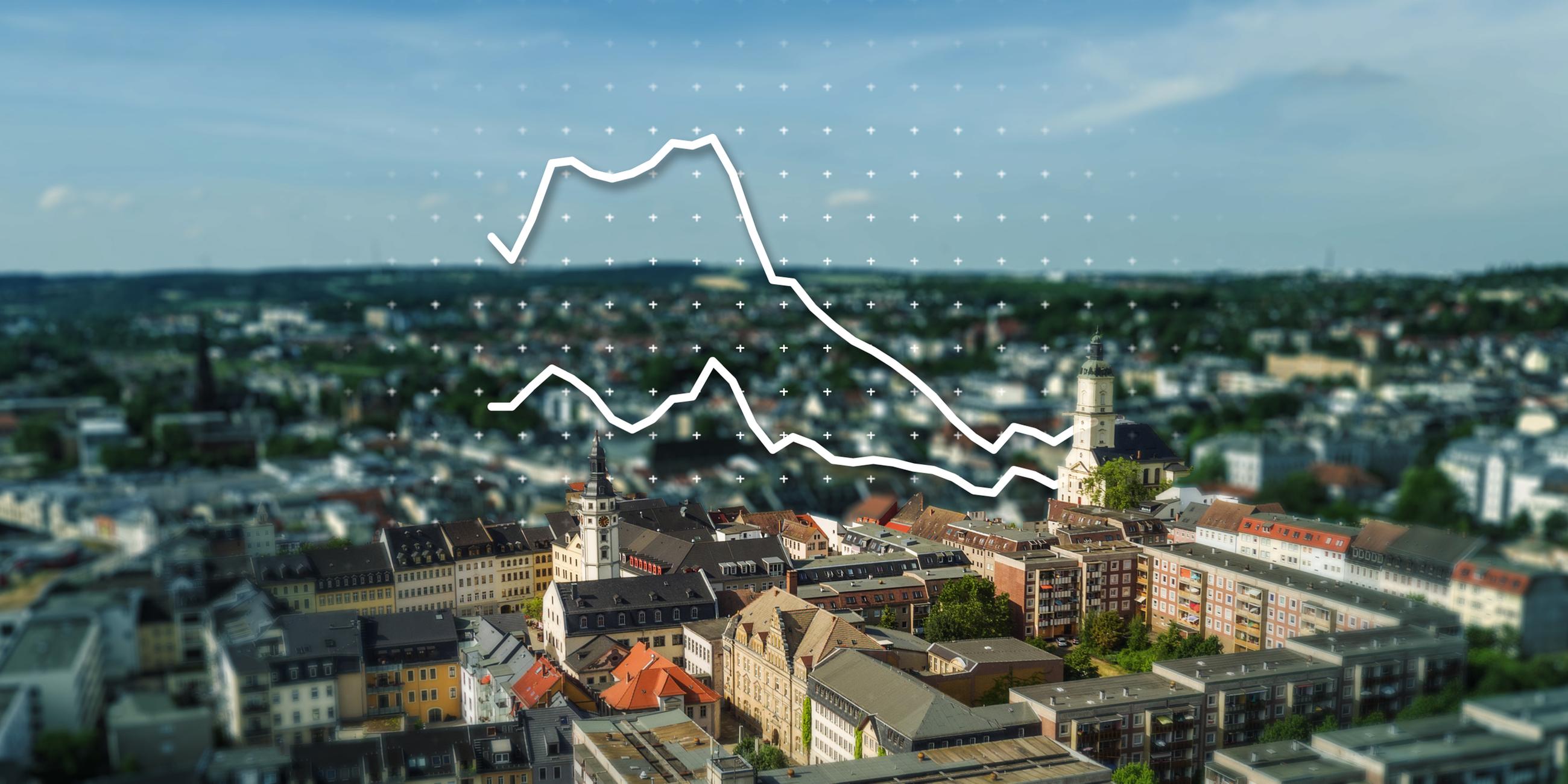 Stadtansicht von Gera mit einem Liniendiagramm im Vordergrund