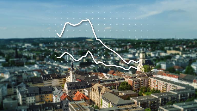 Stadtansicht von Gera mit einem Liniendiagramm im Vordergrund