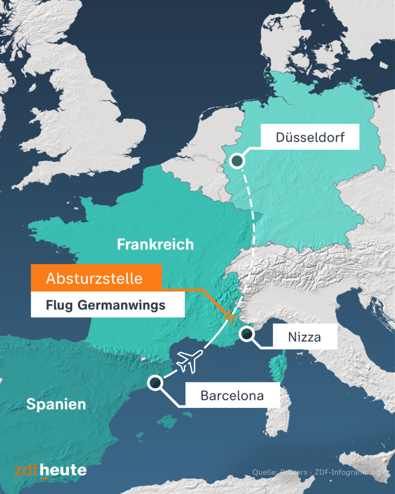 Karte des Fluges von Germanwings 9525 von Barcelon nach Düsseldorf mit der Absturzstelle nördlich von Nizza 