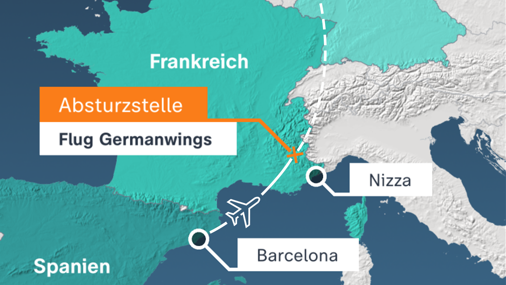 Karte des Fluges von Germanwings 9525 von Barcelon nach Düsseldorf mit der Absturzstelle nördlich von Nizza 