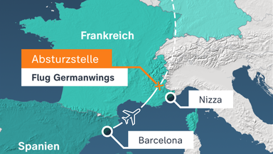 Karte des Fluges von Germanwings 9525 von Barcelona nach Düsseldorf mit der Absturzstelle nördlich von Nizza 