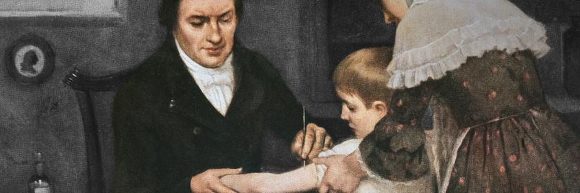 Historisches Gemälde - Ein kleiner Junge wird von einem Arzt geimpft