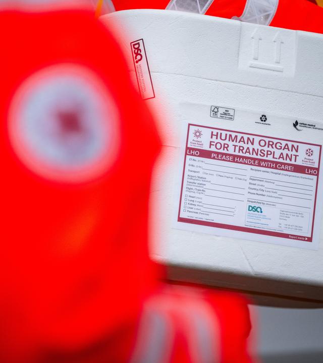 21.01.2025, Berlin: Mitarbeiter des DRK stehen mit einer Kühlbox für eine Organspende vor einem Transporter des Deutschen Roten Kreuzes.