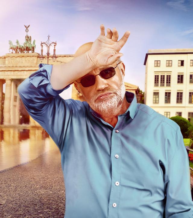 Grafik: Harald Lesch schwitzend vor Brandenburger Tor und Krankenwagen