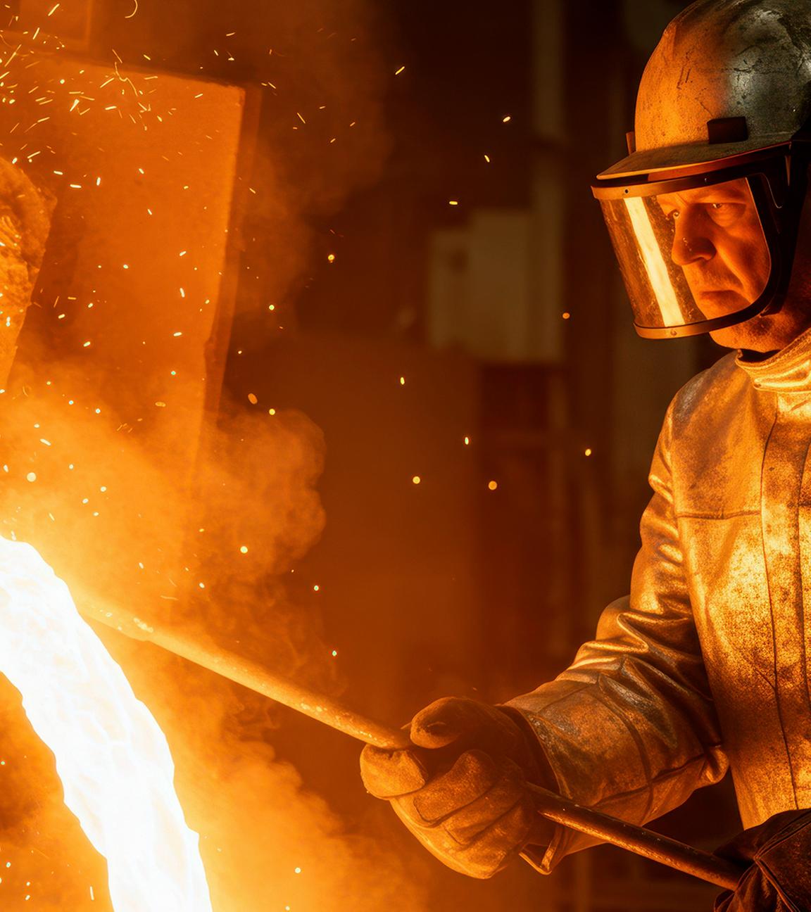 Gießerei: Mann arbeitet in der Stahlindustrie am Hochofen