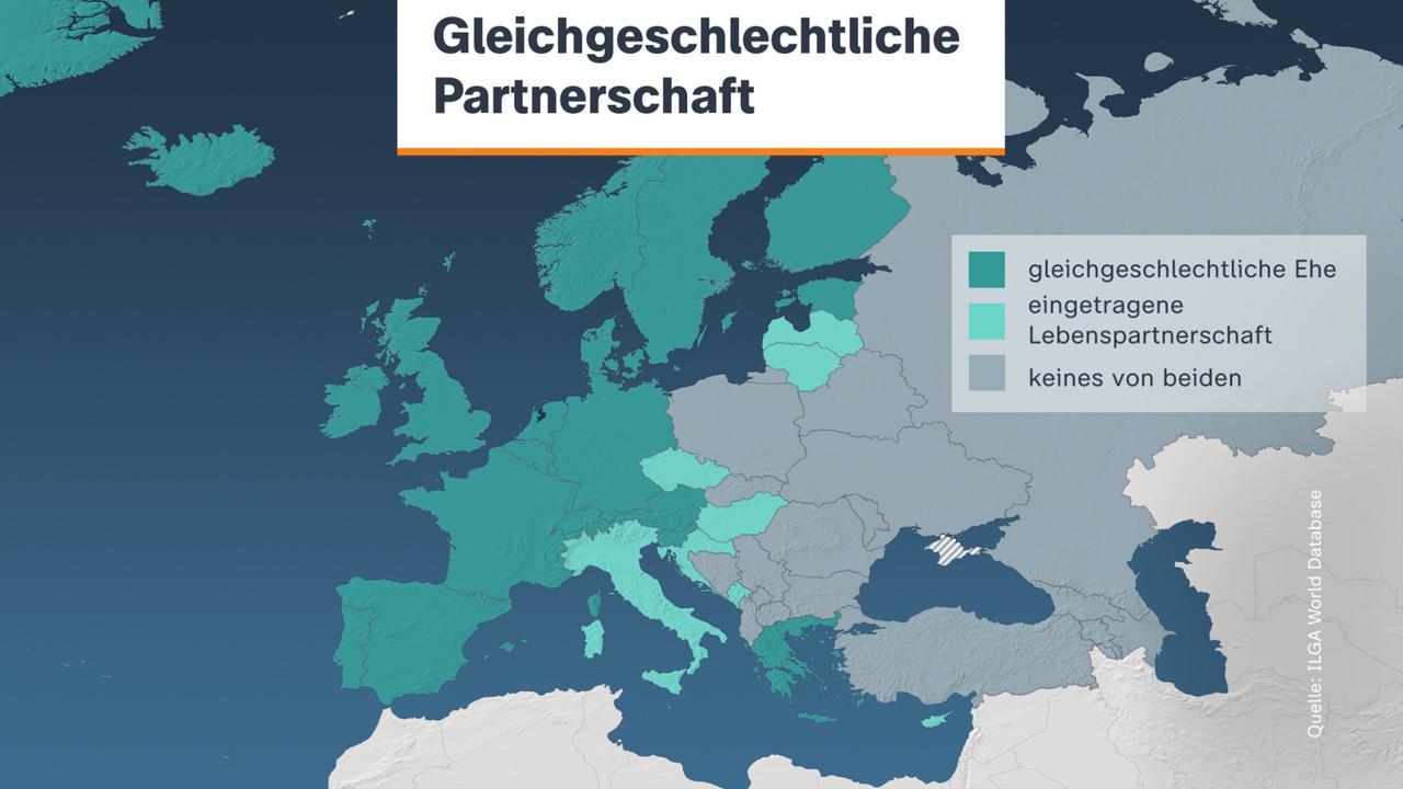 Eine Grafik zur Übersicht der europäischen Länder, in denen gleichgeschlechtliche Ehen erlaubt sind.