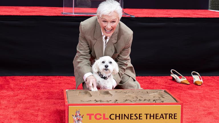 Hollywoodstar Glenn Close verewigt sich mit ihrem Hund "Sir Pippin" am Chinese Theater in LA in Zement.