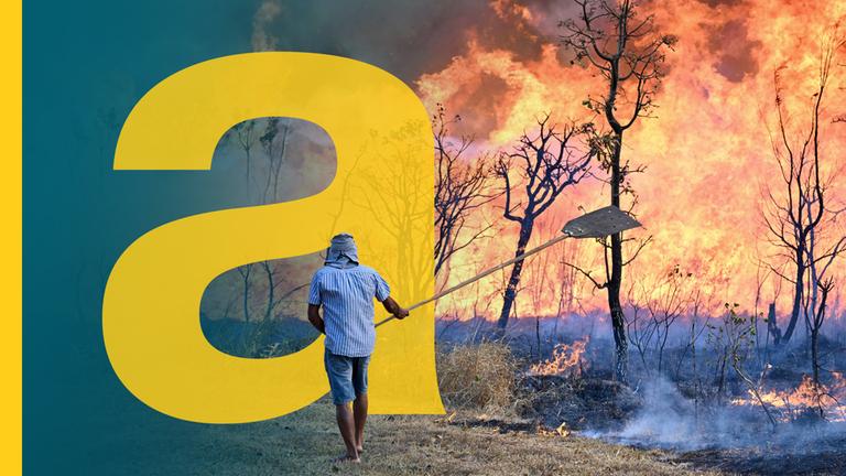 Mann steht mit Schippe und Rücken zum Beobachter. Rechts nebendran ist ein Waldbrand