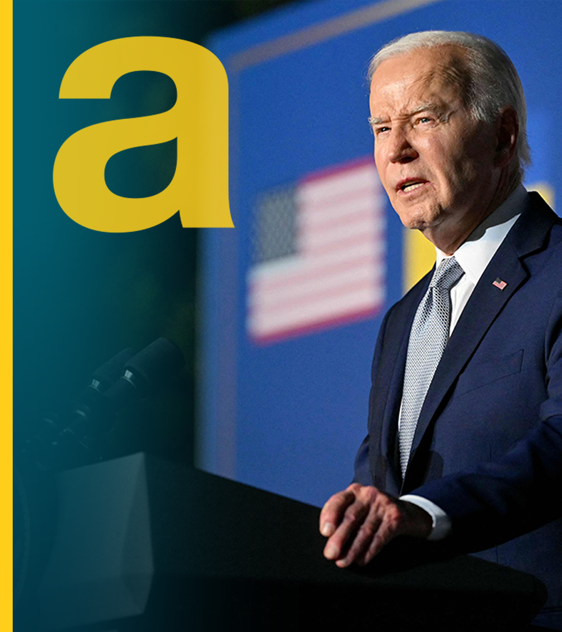 Joe Biden steht an Rednerpult und spricht, daneben großes gelbes a